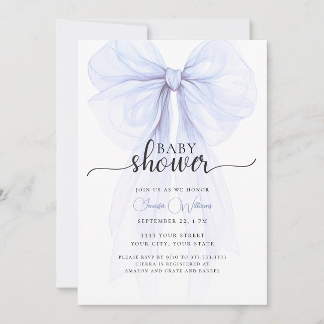 Invitación Baby Shower mínima de Bow azul suave (Anverso)