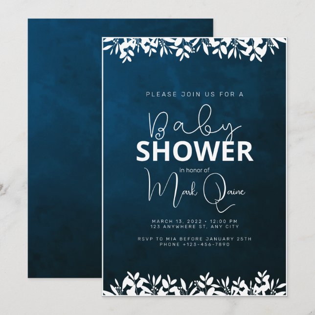 Invitación Baby Shower Minimalista azul oscuro (Anverso / Reverso)