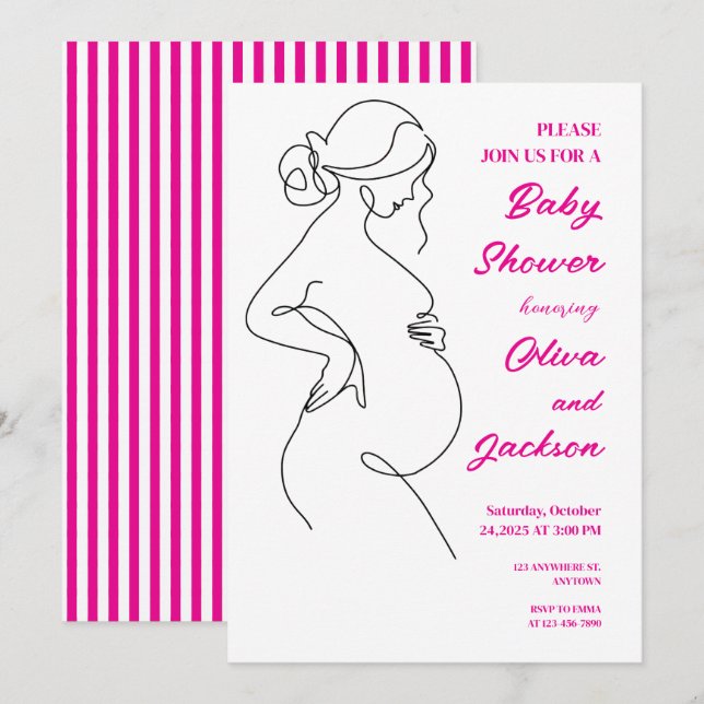 Invitación Baby Shower Minimalista de embarazo de línea (Anverso / Reverso)
