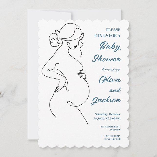 Invitación Baby Shower Minimalista de embarazo de línea (Anverso)