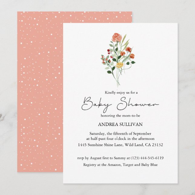 Invitación Baby Shower minimalista de Wildflower Peach (Anverso / Reverso)