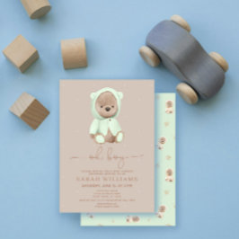 Invitación Baby Shower Minimalista Osito Verde Sage Niño