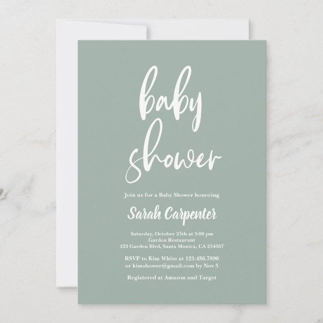 Invitación Baby Shower Minimalista verde sabio (Anverso)