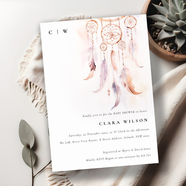 Invitación Baby Shower Mínimo Boho Feather Dreamcatcher (Subido por el creador)