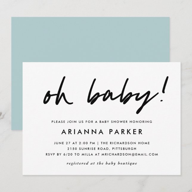 Invitación Baby Shower mínimo moderno | Azul (Anverso / Reverso)