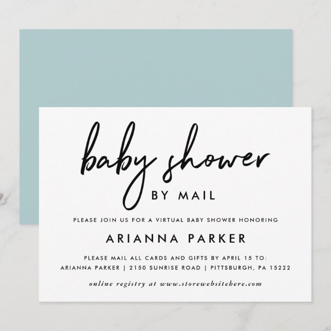 Invitación Baby Shower mínimo moderno por correo | Azul (Anverso / Reverso)