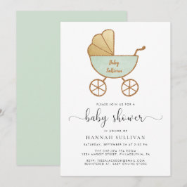 Invitación Baby Shower Mínimo Retro Carriage Mint Gold Cute