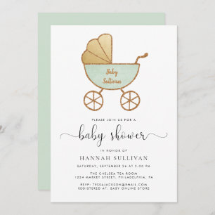 Invitación Baby Shower Mínimo Retro Carriage Mint Gold Cute