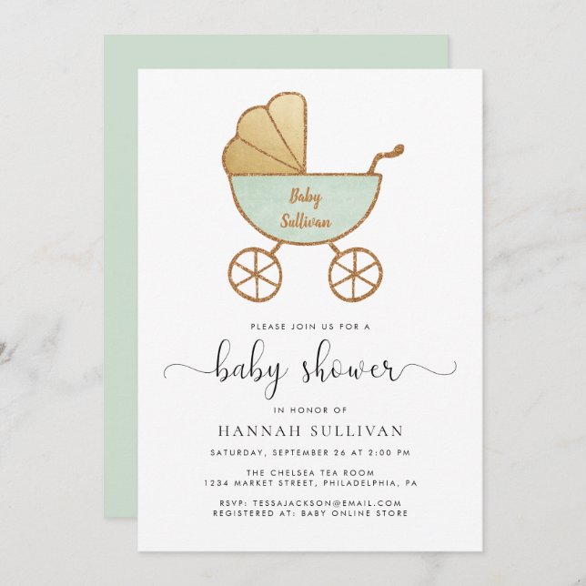 Invitación Baby Shower Mínimo Retro Carriage Mint Gold Cute (Anverso / Reverso)