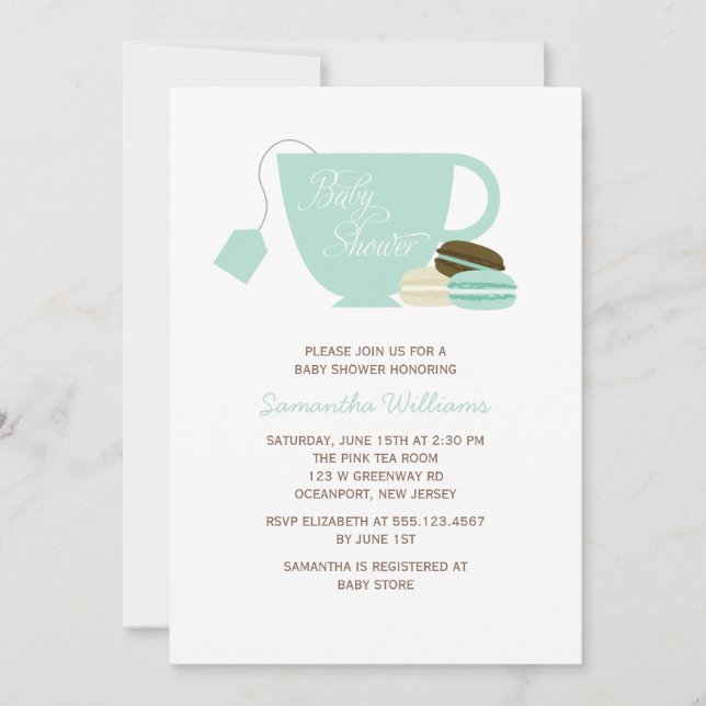 Invitación Baby Shower Mint Green Tea Cup y Macarons (Anverso)