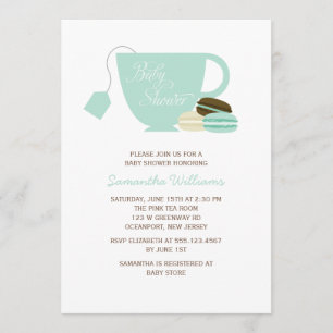 Invitación Baby Shower Mint Green Tea Cup y Macarons