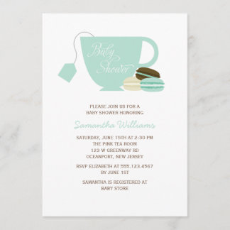 Invitación Baby Shower Mint Green Tea Cup y Macarons