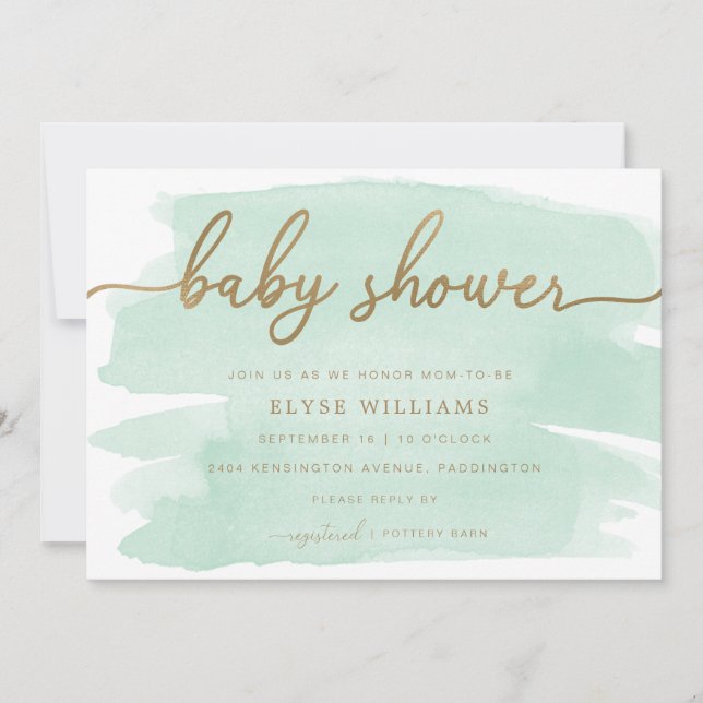 Invitación Baby Shower Mint Green Watercolor Gold (Anverso)