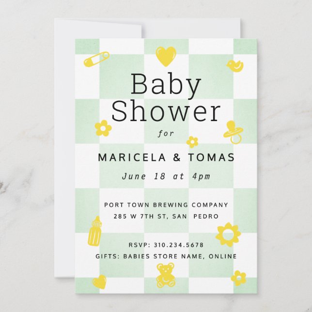 Invitación Baby Shower Mint Green y Yellow Checker (Anverso)