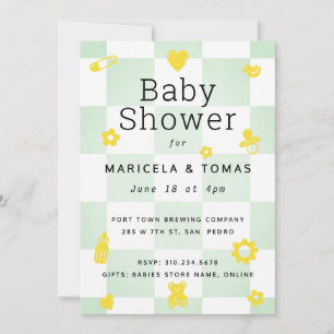 Invitación Baby Shower Mint Green y Yellow Checker