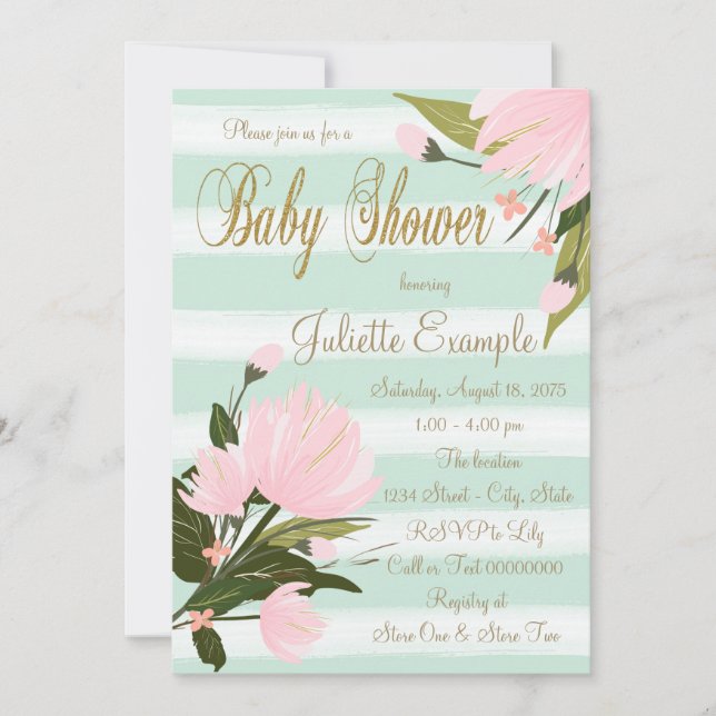Invitación Baby Shower Mint Pink and Gold Stripe (Anverso)