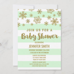Invitación Baby Shower Mint Stripes Gold Snowflakes