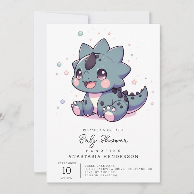 Invitación Baby Shower mítico de pequeños dinosaurios (Anverso)