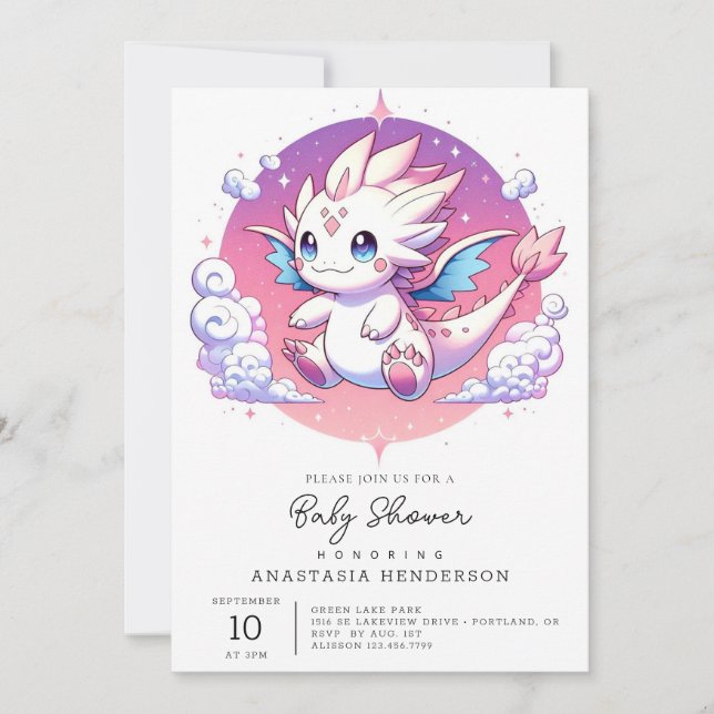 Invitación Baby Shower mítico del Dragón Pastel (Anverso)