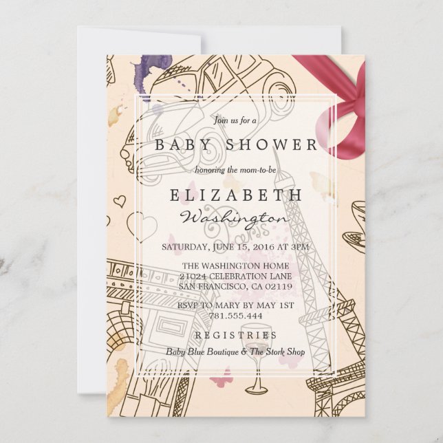 Invitación Baby Shower | Moda Asombrosa Rosa París & Bow (Anverso)