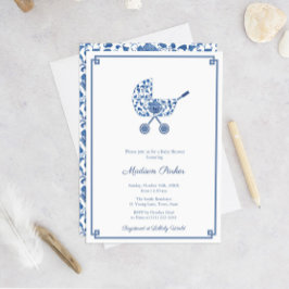 Invitación Baby Shower Moda Chinoiserie De Pram Azul Y Blanco