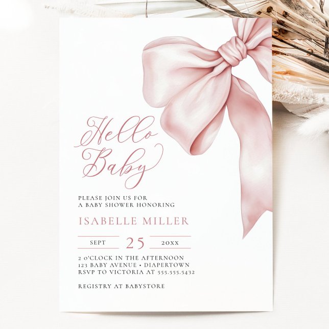 Invitación Baby Shower moderna de color rosa (Modern Pink Bow Baby Shower Invitation)