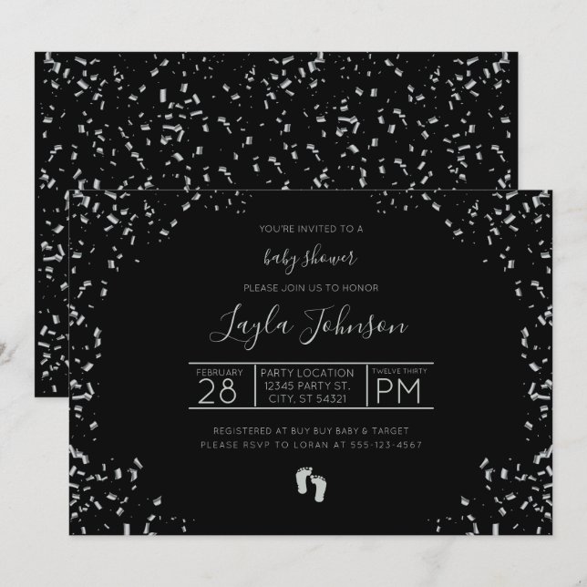 Invitación Baby Shower moderna, plateada y negra (Anverso / Reverso)