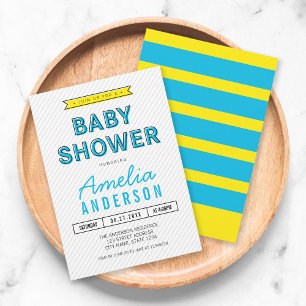 Invitación Baby Shower moderno amarillo y azul colorido