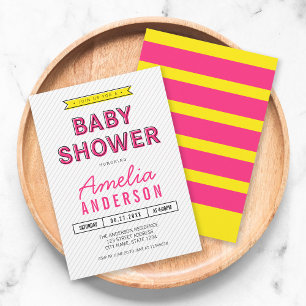 Invitación Baby Shower moderno amarillo y rosado colorido