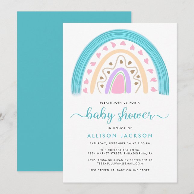 Invitación Baby Shower moderno arcoiris (Anverso / Reverso)