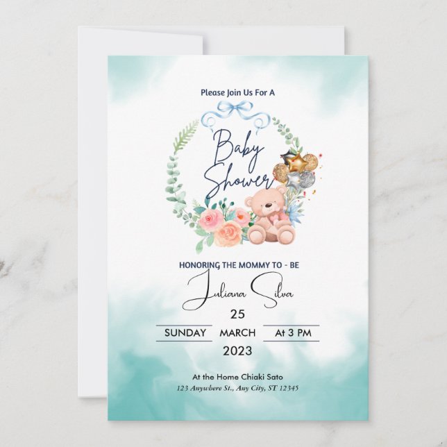 Invitación Baby Shower Moderno Azul Y Blanco (Anverso)
