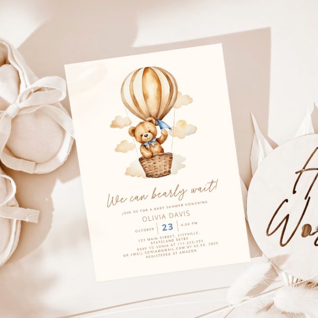 Invitación Baby Shower moderno beige Bear Boy (Subido por el creador)