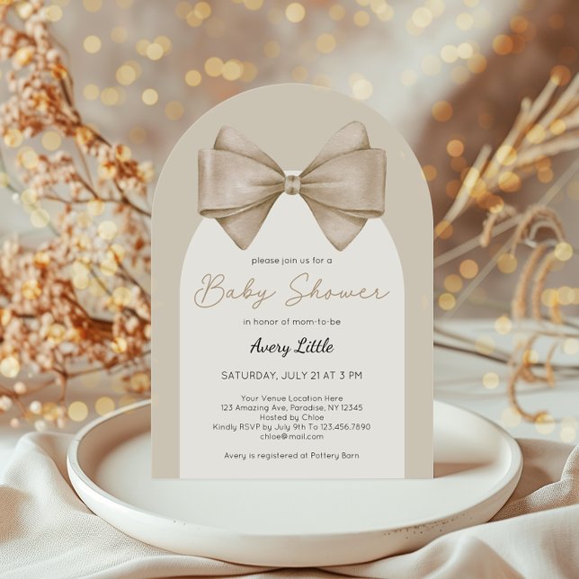 Invitación Baby Shower moderno beige bow boho (Subido por el creador)