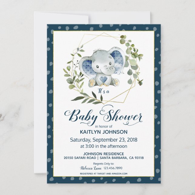 Invitación Baby Shower moderno con elefante de la marina (Anverso)