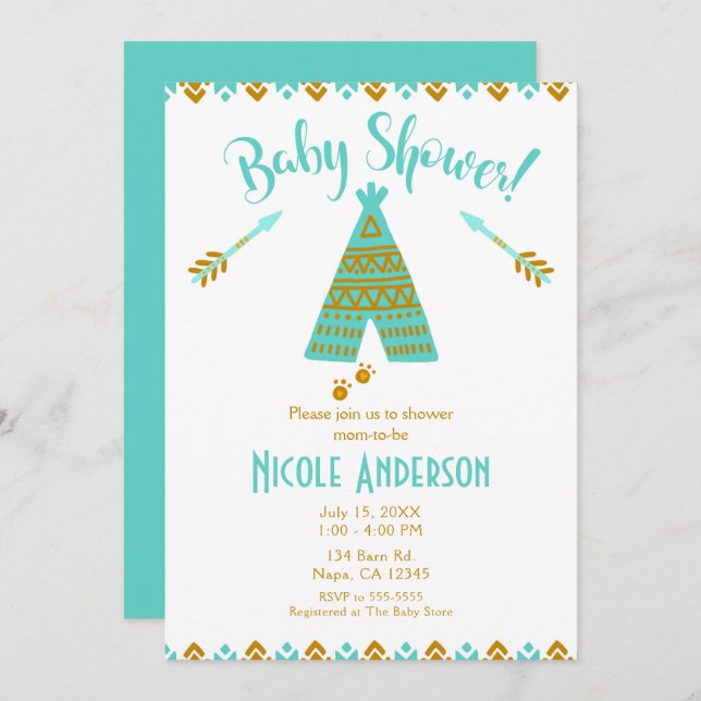 Invitación Baby Shower moderno con equipo turquesa Verde azul (Anverso / Reverso)
