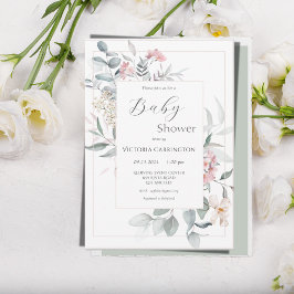 Invitación Baby Shower moderno con flor verde rosa y sabio