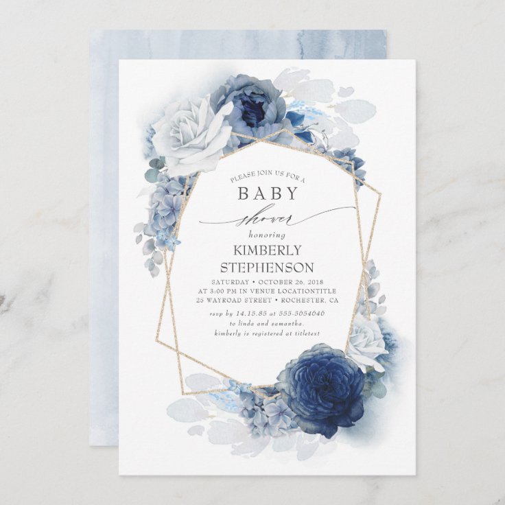 Invitación Baby Shower moderno con flores azules y polvorient 