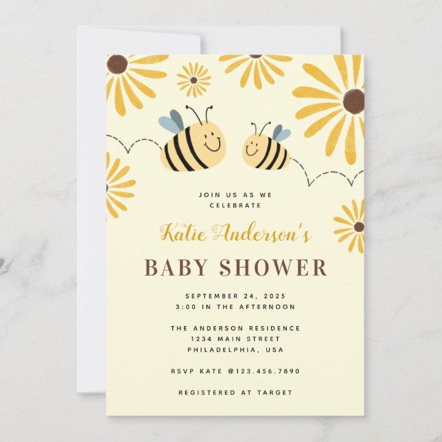 Invitación Baby Shower moderno de abejorro amarillo y girasol (Anverso)