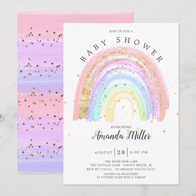 Invitación Baby Shower moderno de arco iris rosa dorado (Anverso / Reverso)