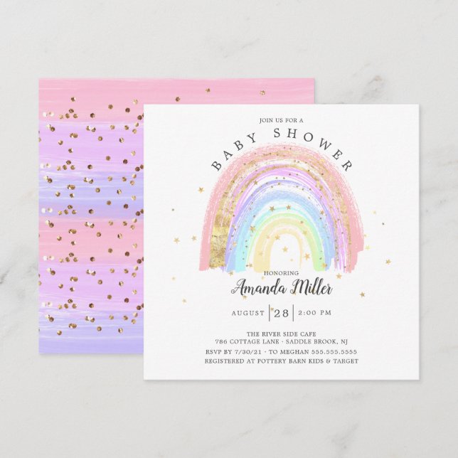 Invitación Baby Shower moderno de arco iris rosa dorado (Anverso / Reverso)