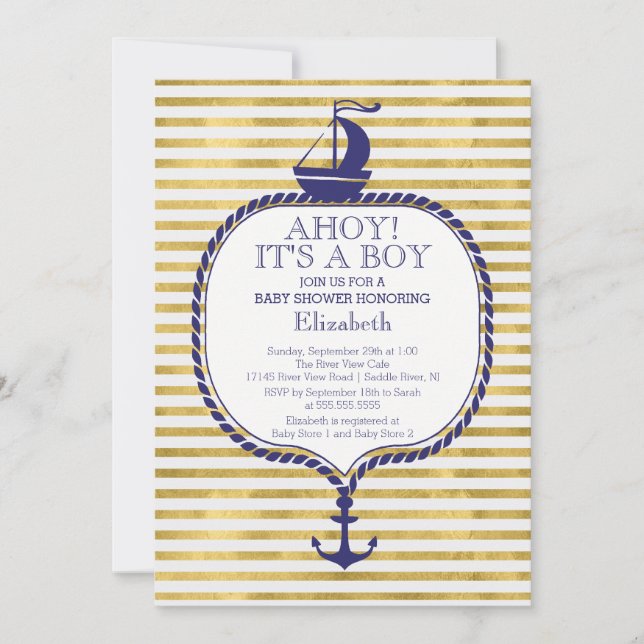 Invitación Baby Shower moderno de banda de oro náutica (Anverso)