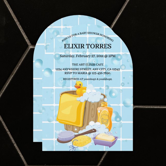 Invitación Baby Shower moderno de burbujas de caucho Ducky (Subido por el creador)