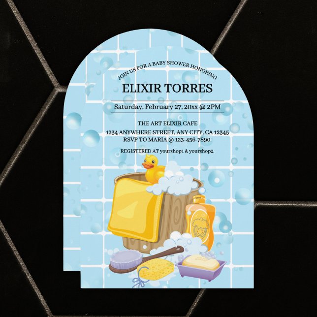 Invitación Baby Shower moderno de burbujas de caucho Ducky (Subido por el creador)