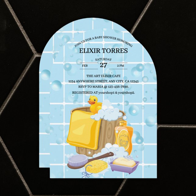 Invitación Baby Shower moderno de burbujas de caucho Ducky (Subido por el creador)