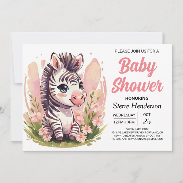 Invitación Baby Shower moderno de Cebra Rosa Cute (Anverso)