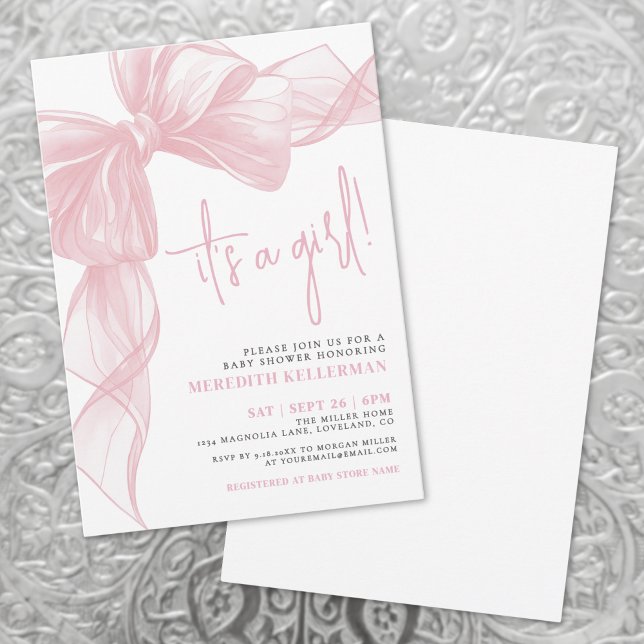 Invitación Baby Shower moderno de color rosa (Modern Pink Bow Baby Shower Invitation)