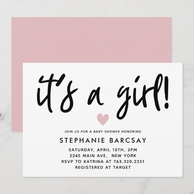 Invitación Baby Shower moderno de corazón rosado (Anverso / Reverso)