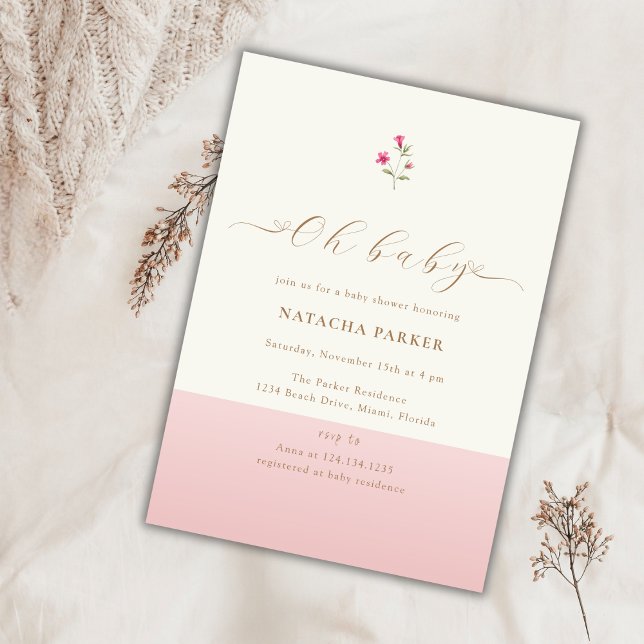 Invitación Baby Shower moderno de flores silvestres rosas Min (Modern Minimalist Pink Wildflower Baby Shower Invitation)