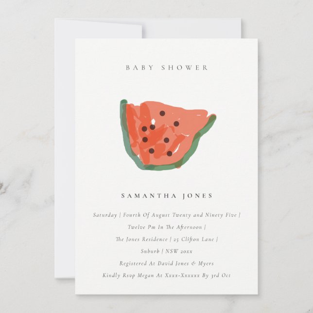 Invitación Baby Shower moderno de fruta de la sandía dibujada (Anverso)