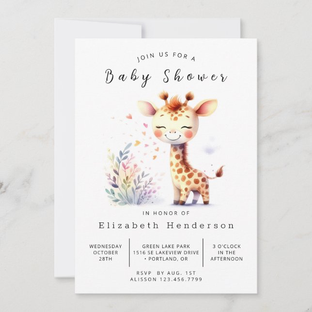 Invitación Baby Shower moderno de Giraffe en línea (Anverso)